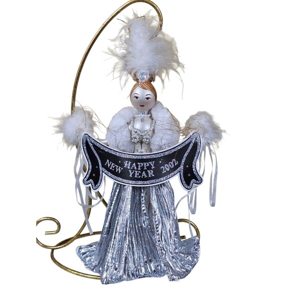 Hand Blown Glass Ornament 2002 Happy New Year Christmas Lady In Sliver Fairy - Picture 1 of 6